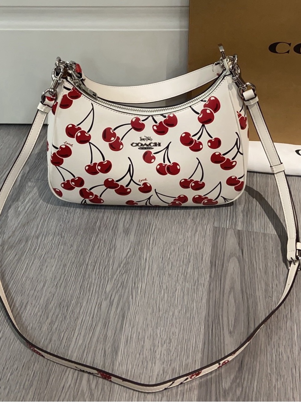 Coach White Leather Shoulder Bag with Red Cherry Print